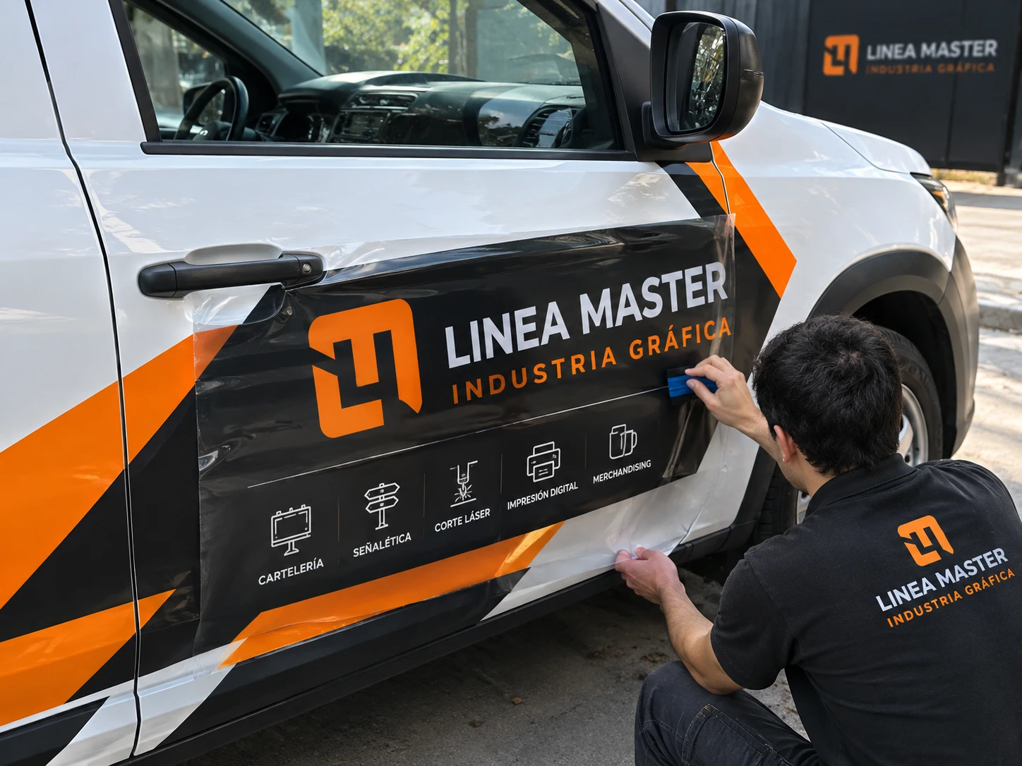 Instalador de Linea Master aplicando un ploteo con la marca en la puerta de una camioneta